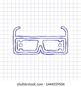 3D movie glasses. Icon of cinema technology. Hand drawn picture on paper sheet. Blue ink, outline sketch style. Doodle on checkered background