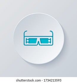 3D movie glasses. Icon of cinema technology. Cut circle with gray and blue layers. Paper style
