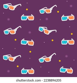 3D movie glasses pattern. Film watching. Stars and sunglasses. Vision technology. Blue or red cinema eyeglasses. Stereoscopic spectacles. Cinematography print. Vector seamless background