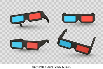 3D Movie Glasses with Red and Blue Lenses in Multiple Angles. Retro Anaglyph Cinema Eyewear for Entertainment and Pop Culture Design. Vector Illustration.