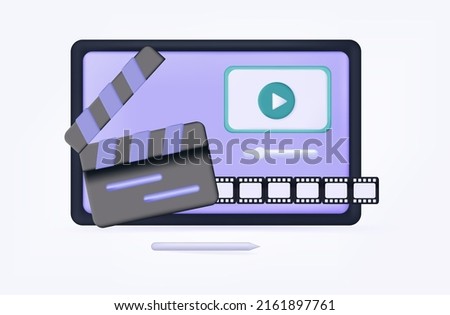 3d movie icon. Live viewing, watch online. Volume slider, watch movie, news, music. Broadcast video, clip, smart tv device on the screen, 
tablet. Stream icon, film reel and clapperboard. Vector 