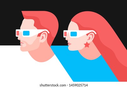 3d movie lovers. Couple in love, man and woman, wearing 3d glasses, side view. Vector illustration