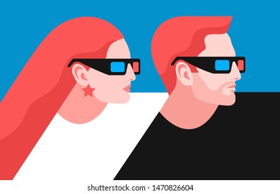 3d movie lovers. Couple in love, man and woman, wearing 3d glasses, side view. Vector illustration