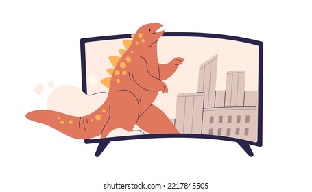 3d movie with monster in apocalypse city. Fiction fantasy horror film on screen with lizard. TV scene picture with creepy fantastic reptile. Flat vector illustration isolated on white background