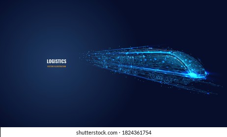 3d moving high-speed train in dark blue. Railway logistics, transport, tourism and technology concept. Abstract vector mesh looks like starry sky. Digital low poly wireframe with connected dots
