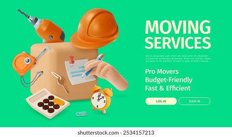 3d Moving Services Concept Ads Tarjeta de póster de promoción de Anuncio con caja de cartón. Ilustración vectorial del servicio de reubicación