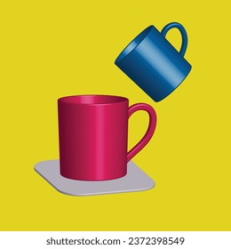 3D Mug with hot tea and milk or cappuccino and latte. Realistic americano and espresso drink illustration, coffee cup.