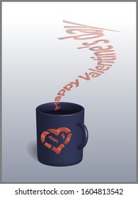 3d mug with hot tea, steam is coming. There's a hand-drawn heart on the mug. Congratulations on Valentine's day. Background in gray tones.