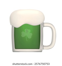 3D mug of Irish green beer. Decorative element for St. Patrick's Day. Vector 3D realistic illustration isolated on white background.