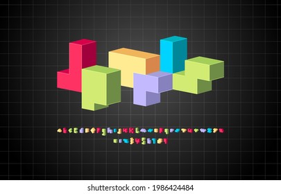 3d multi color font, trendy geometric alphabet, bold Latin letters and Arab numbers made in mosaic style, vector illustration 10eps