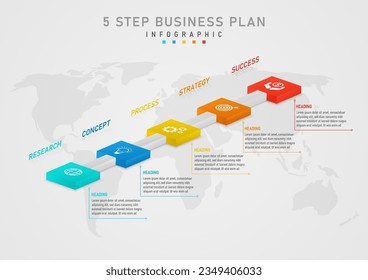 3D multi colored square business plan infographic template 5 steps with white icons on top Isometric alignment in the middle Left and right have letters. map below gray gradient background