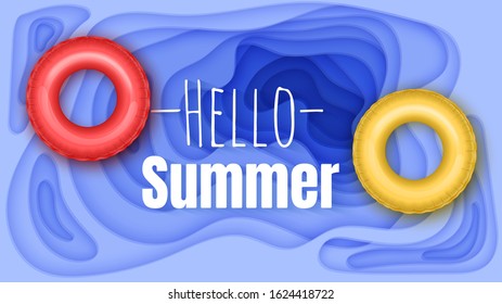 3D multi layer background, paper cut liquid geometric gradient pattern. Hello Summer template banner of bright blue color, vector eps 10 format