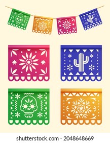 3d Multicolor Day of the Dead themed papel picado garland with Mexico symbols for Dia de Los Muertos holiday celebrations