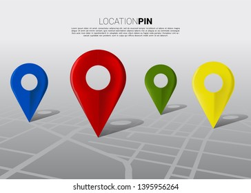 3D multi-color location pin marker on city road map. Concept for GPS navigation system infographic