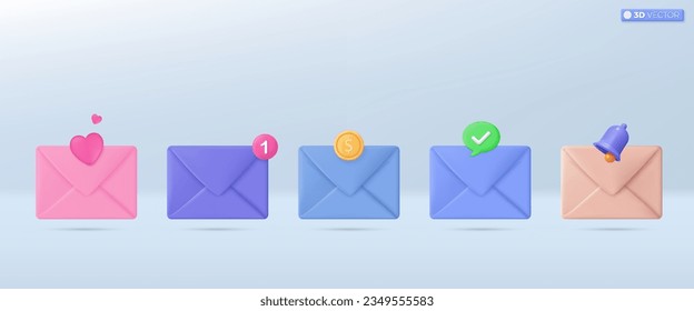 Símbolo del conjunto de iconos del sobre de correo multicolor 3d. Notificar por correo electrónico, moneda de oro, valentina de corazón, campana, aviso. concepto de comunicación. Ilustración aislada vectorial 3D, estilo Mínimo pastel de dibujos animados.