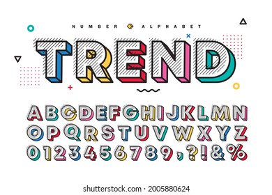 3D multicolor memphis alphabet  number set. Vector decorative pattern typography. Modern stylish font collection for headline, poster, social web, brochure, scrapbook, graphic card, etc. 