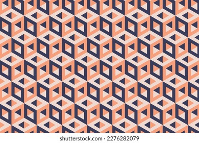 3d multicolor optical illusion hexagon cubes pattern. Futuristic orange and blue isometric op art cubic block vector background.