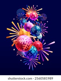 3d multicolored Christmas balls. New year background.