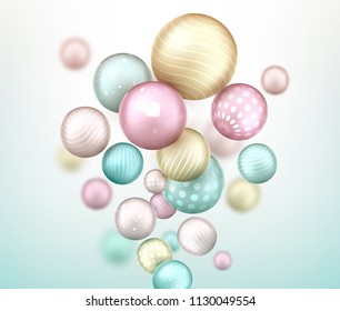 3d multicolored decorative balls flying randomly. Beautiful three-dimensional spheres in pastel colors. Composition of cool geometric shapes. Abstract vector background. Futuristic design.