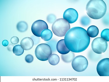 3d multicolored decorative balls flying randomly. Beautiful three-dimensional spheres in blue colors. Composition of cool geometric shapes. Abstract vector background. Futuristic design.