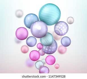 3d multicolored decorative balls flying randomly. Beautiful three-dimensional spheres in pastel colors. Composition of cool geometric shapes. Abstract vector background. Futuristic design.