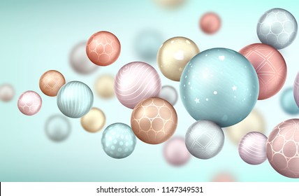 Bolas decorativas multicolores 3d volando al azar. Hermosas esferas tridimensionales en colores pastel. Composición de formas geométricas frescas.Fondo del vector abstracto. Diseño futurista.