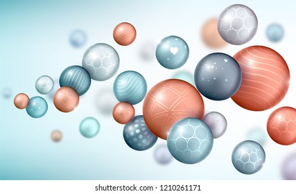 3d multicolored decorative balls flying randomly. Beautiful three-dimensional spheres in pastel colors. Composition of cool geometric shapes. Abstract vector background. Futuristic design.