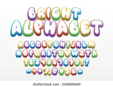 3d multicolored font. Collection of graphic elements for site. English, letters and special characters, punctuation and spelling. Cartoon vector illustrations isolated on white background
