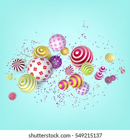 3d multicolored geometric collage of flying balls and other three-dimensional figures. Modern business design. Abstract decorative festive background. Horizontal composition. Vector illustration.
