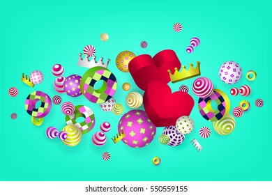 3d multicolored geometric collage of flying three-dimensional figures: balloons, hearts, crowns. Abstract festive background perfect for designs holiday, birthday, wedding, Valentine's Day. Vector