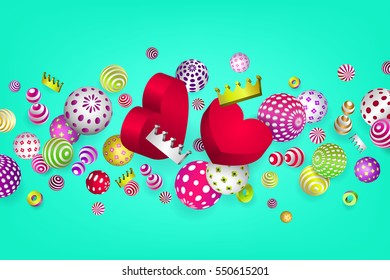 3d multicolored geometric collage of flying three-dimensional figures: balloons, hearts, crowns. Abstract festive background perfect for designs holiday, birthday, wedding, Valentine's Day. Vector