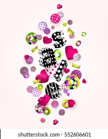 3d multicolored geometric collage. Flying three-dimensional balls, hearts, crowns, text. Abstract festive background perfect for design sale, advertising. Valentine's Day, holiday, birthday, wedding. 