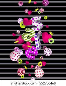 3d multicolored geometric collage. Flying three-dimensional balls, hearts, crowns, text. Abstract festive background perfect for design sale, advertising. Valentine's Day, holiday, birthday, wedding.