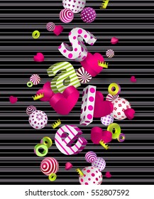 3d multicolored geometric collage. Flying three-dimensional balls, hearts, crowns, text. Abstract festive background perfect for design sale, advertising. Valentine's Day, holiday, birthday, wedding.