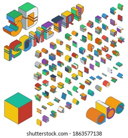 3D multicolored isometric font. Three-dimensional alphabet. Vector set of letters, numbers and punctuation marks. Editable strokes.