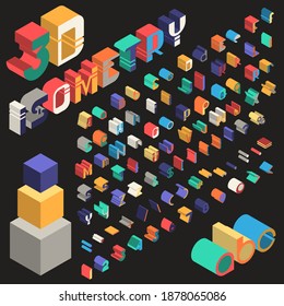 3D multicolored isometric font. Three-dimensional alphabet. Vector set of letters, numbers and punctuation marks on black background.