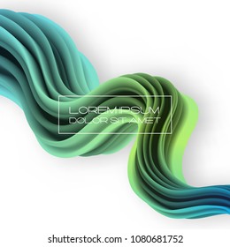 3d multicolored liquid shape with dynamic effect. Abstract gradient curved stream isolated on white. Blended fluid color wave. Futuristic liquid flow background