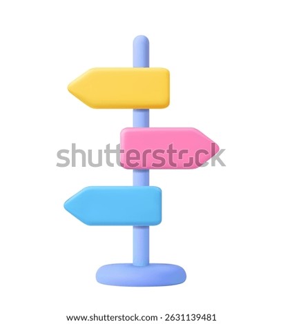 3D multicolored signpost with three directional arrows on a clean white background, symbolizing guidance. Signboard pointer, choice signpost. 3d rendering. Vector illustration