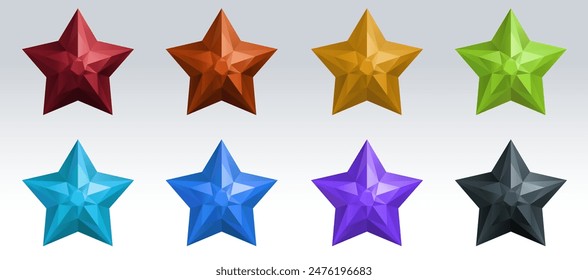 3D multicolored stars arranged in 2 rows. A set of multicolored stars on a light background. Vector graphics