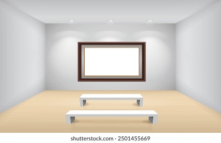 3D museum gallery illustration blank frame with chair in white room