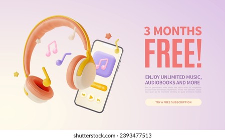 3d Music and Audiobook Subscription 3 Months Free Placard Poster Banner Card Template Cartoon Style. Vector illustration of Online Application