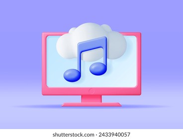 Nota de la nube de música 3D en la computadora. Icono de plataforma de música de streaming de PC de escritorio. Símbolo de servicio de música moderna. Nota Diseño realista. Nota musical, sonido, canción o señal de ruido. Ilustración de vector