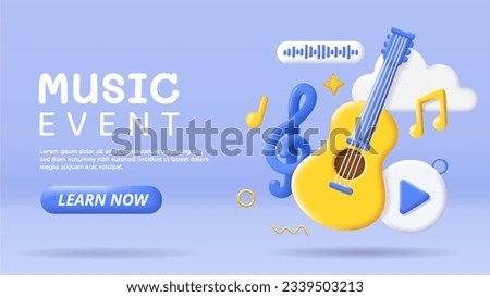 3D music event banner. Guitar, treble clef and sheet music. Holiday and festival, party. Poster or cover for website. Cartoon isometric vector collection isolated on blue background