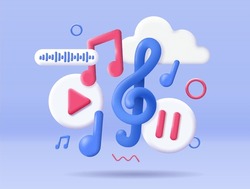 3D music icons concept. Player and melody, songs and playlist. Treble clef and notes. Template, layout and mock up. Cartoon isometric vector collection isolated on blue background