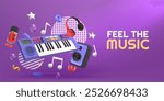 3D music instrument. Piano keyboard. Musical note for pop art concert production. Electronic GJ studio cover. Headphones and microphone. Synthesizer melody listening. Vector background