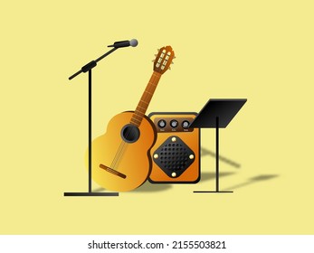 Kit de música 3d con guitarra, altavoces de sonido, soporte de acordes y recursos gráficos de micrófono para banner de evento, volante, etc