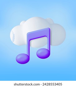 3D Music Note in Cloud. Render Streaming Music Platform Icon. Modern Music Cloud Service Symbol. Note Realistic Design In Plastic Style. Musical Note, Sound, Song or Noise Sign. Vector illustration