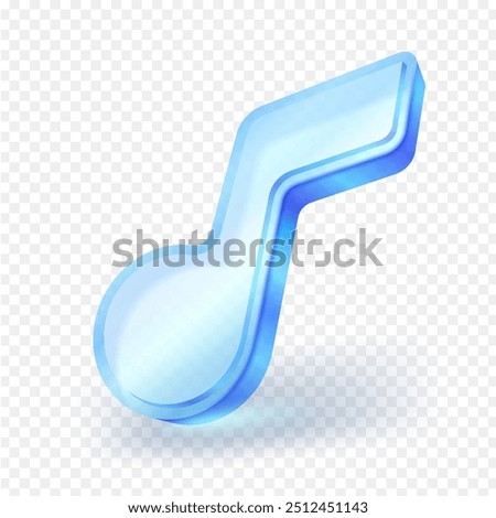 3D music notes material is blue transparent glass, isolated on white background. Realistic vector illustration.