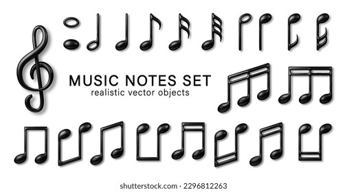 3d Music notes symbols black color set  Vector realistic icon collection classic music simbol