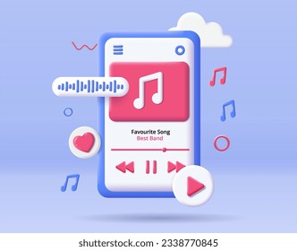 Icono de reproductor de música 3D. Canciones favoritas y listas de reproducción de la mejor banda. Interfaz para aplicaciones o programas móviles. Equipo para archivos de música y audio. Ilustración vectorial isométrica de dibujos animados